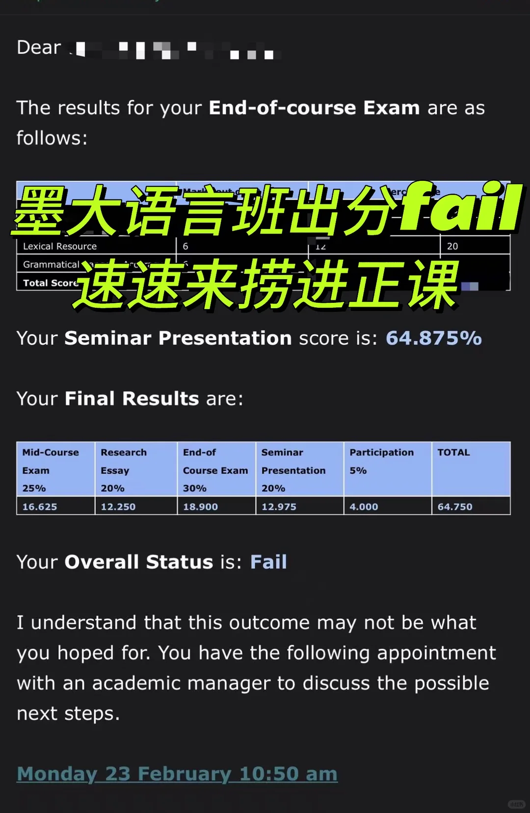墨大语言班论文挂了直接fail！